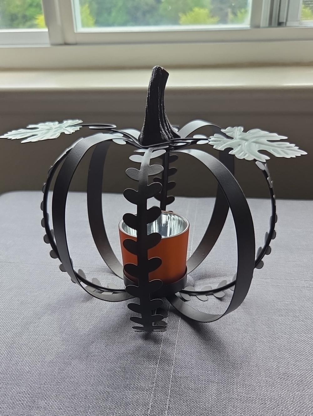 Metal Pumpkin Tealight Candle Holder in Brown with Orange Votive